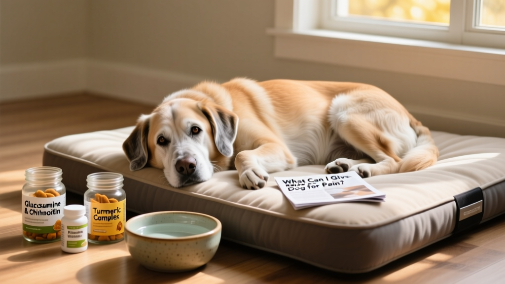 A calm senior dog lying on a soft orthopedic bed, surrounded by supportive joint supplements and a water bowl