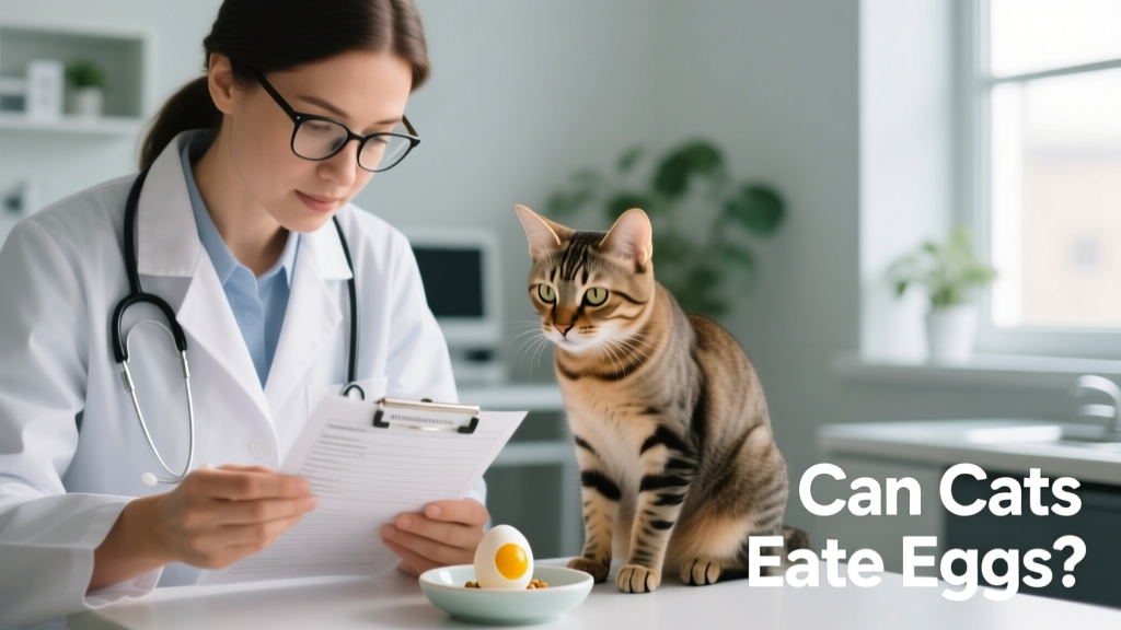 A veterinarian reviewing a cat's health record while holding a small dish of hard-boiled egg, symbolizing safe, vet-approved feeding
