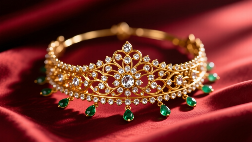 Macro shot of an Indian bridal Maang Tikka with Polki diamonds in 22k gold and emerald drops resting on dark red silk.