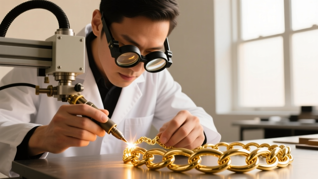 A jeweler wearing magnifying loupes operating a laser welding machine to fuse a delicate hollow 14k gold rope chain