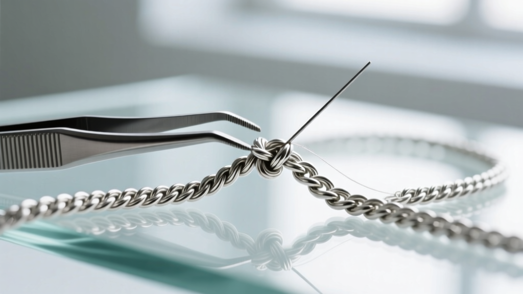Titanium tweezers and a fine beading needle gently working on a knotted sterling silver rope chain on a clear glass surface