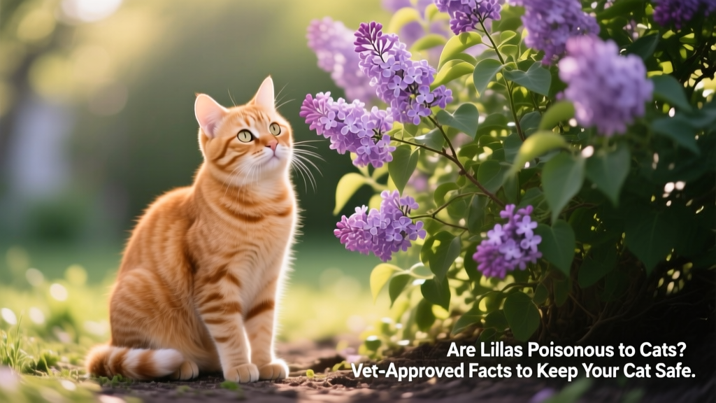 A ginger cat sitting beside a lilac bush, looking curiously at the flowers