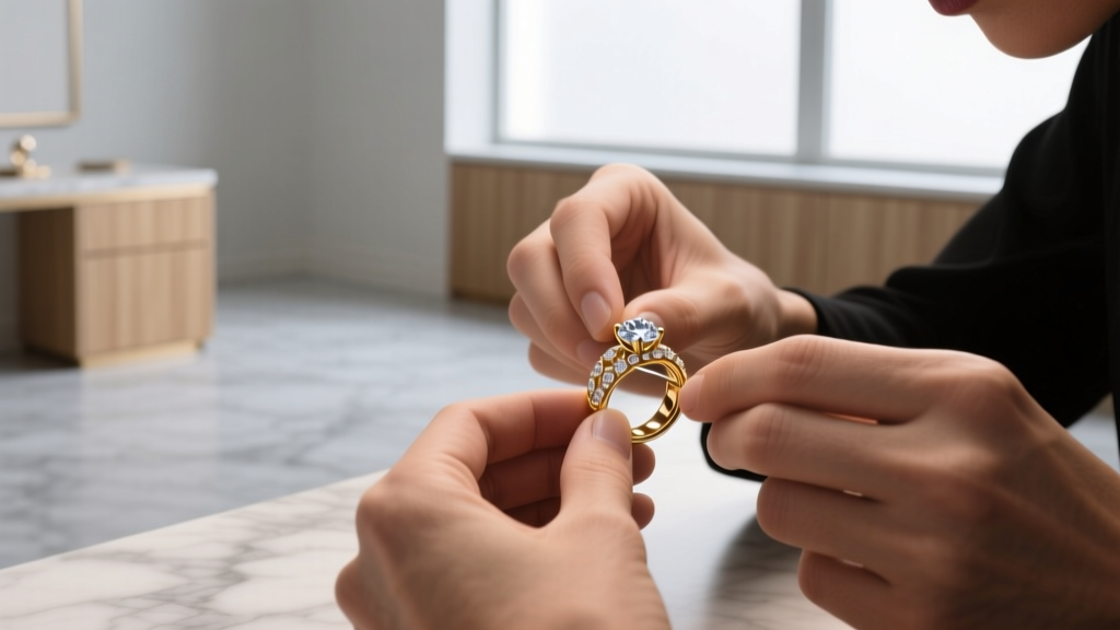 Jeweler's hands using a soft horsehair brush and mild soapy water to gently clean a yellow topaz necklace over a ceramic bowl.