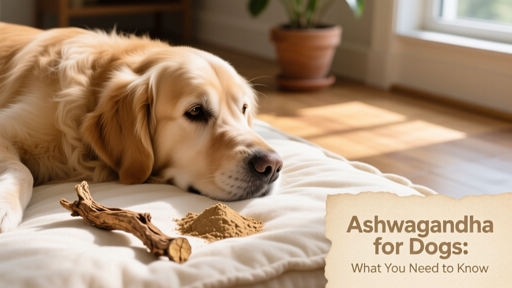 Close-up of dried ashwagandha root and powder beside a calm senior dog resting on a soft bed