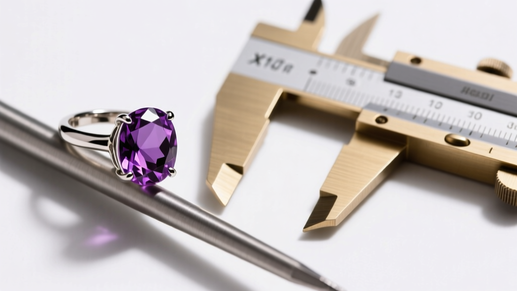 Top-down view of a prong-set amethyst ring with a chipped girdle resting on a steel mandrel beside digital brass jewelry calipers.