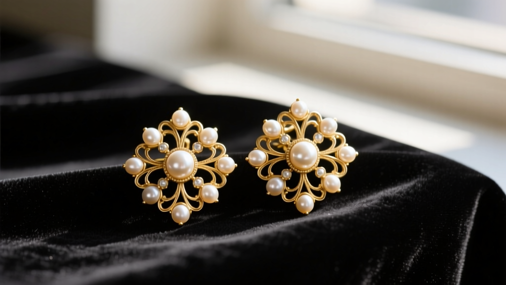 Close-up of vintage 1950s Haskell earrings with Russian gold filigree and faux seed pearls resting on dark velvet fabric