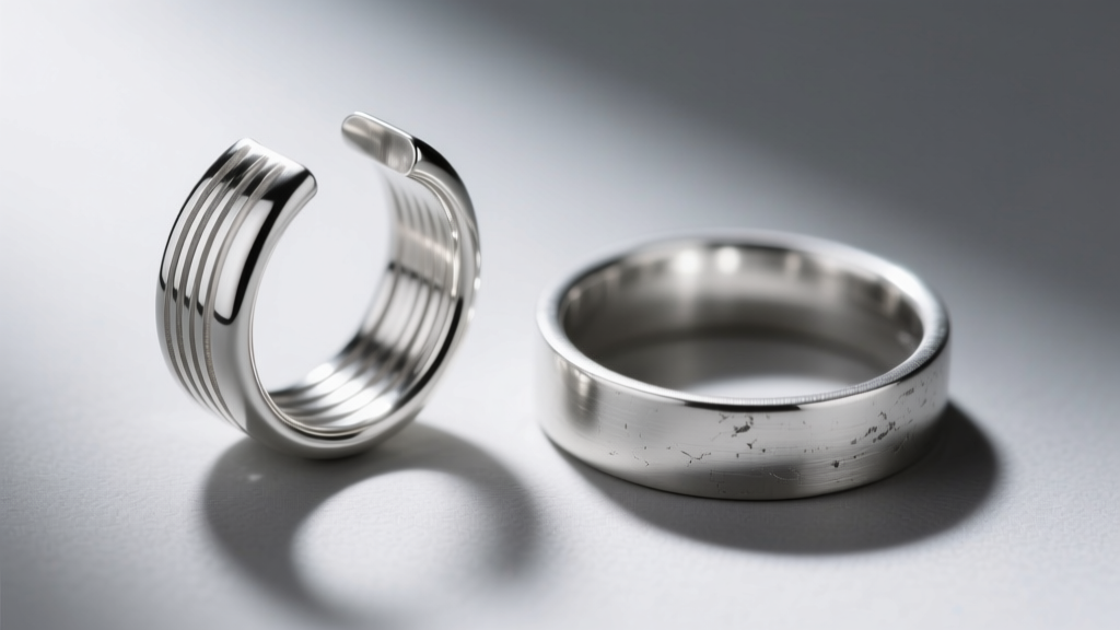 Macro shot comparing a hollow electroformed silver tube hoop beside a solid cast silver hoop, showing wall thickness differences.