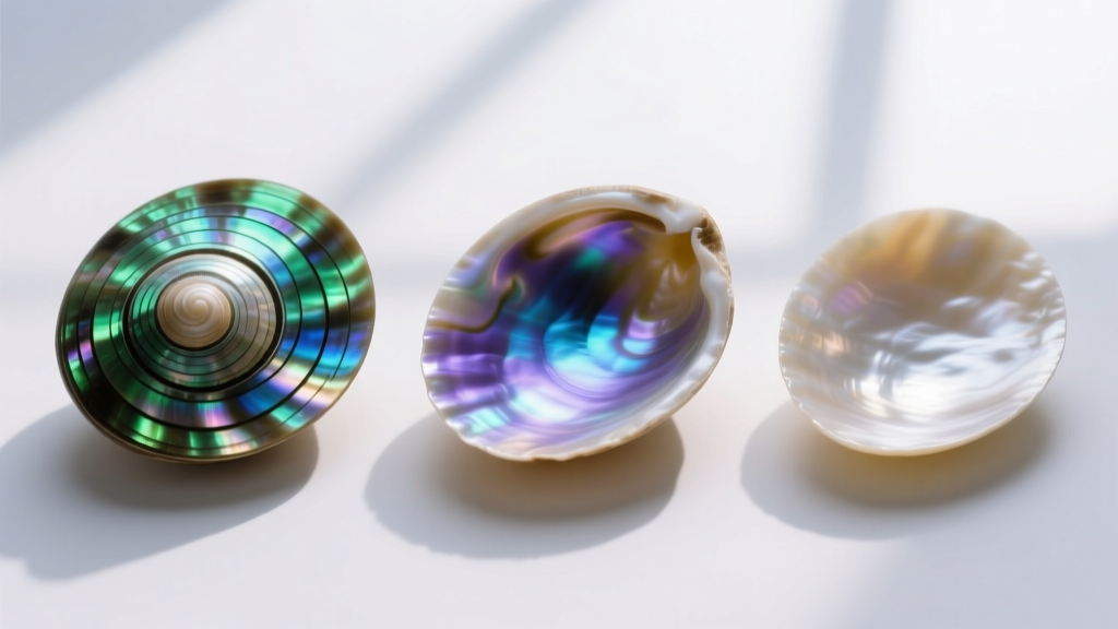 Macro view comparing raw paua shell, natural abalone, and mother of pearl, highlighting nacre thickness and vivid color variations.