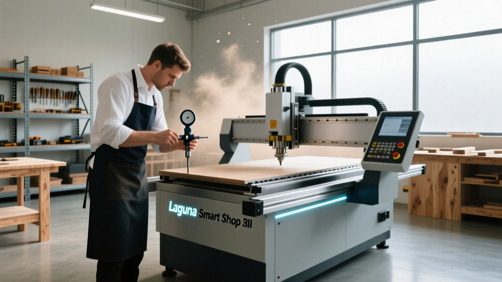 Technician using a dial indicator to measure spindle runout on a Laguna Smart Shop III CNC router table in a modern woodshop