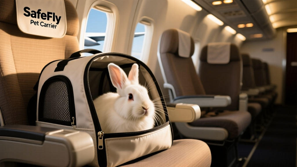 A calm rabbit nestled inside a soft-sided, under-seat pet carrier on an airplane seat