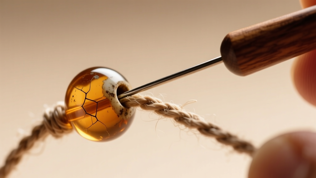 Macro photography of waxed linen cord being threaded through the narrow hole of an antique Krobo powder glass bead using a needle