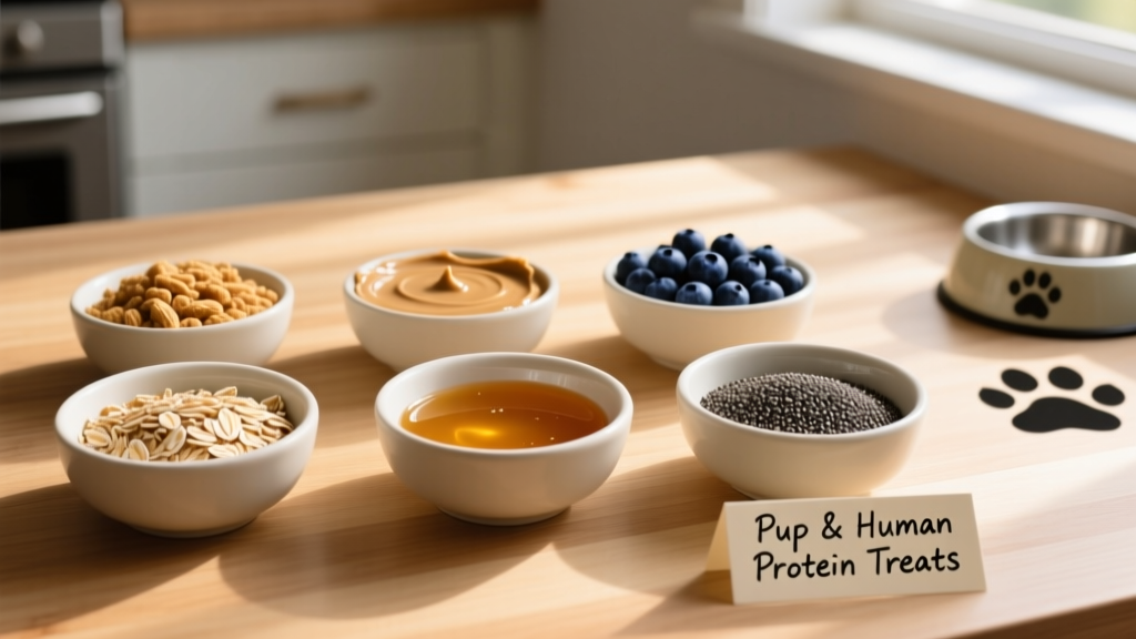 Step-by-step photo showing rolled oats, natural peanut butter, honey, dried blueberries, and chia seeds measured out in separate bowls on a clean countertop