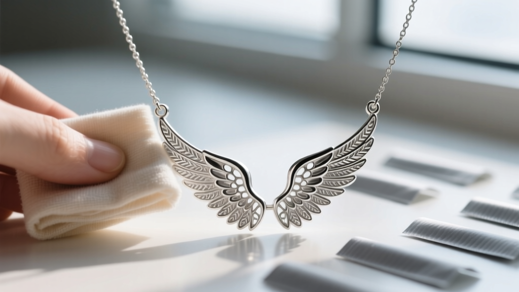 A polishing cloth wiping a silver angel wings necklace, with anti-tarnish strips visible in the softly blurred background.
