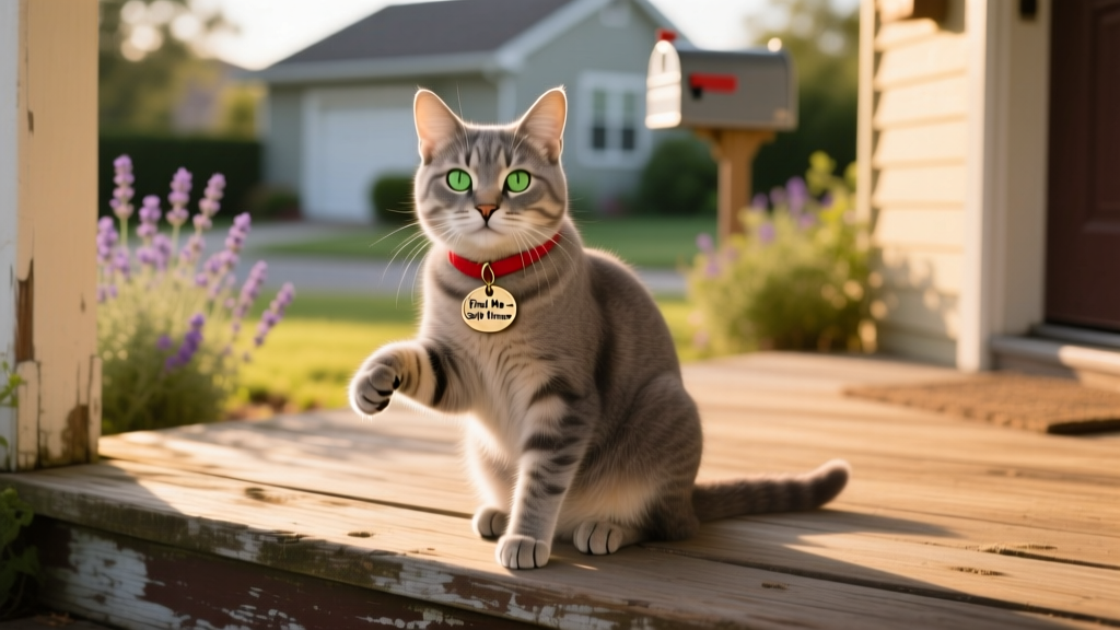 A friendly, curious domestic cat sitting calmly on a porch step, wearing a red collar with a small tag