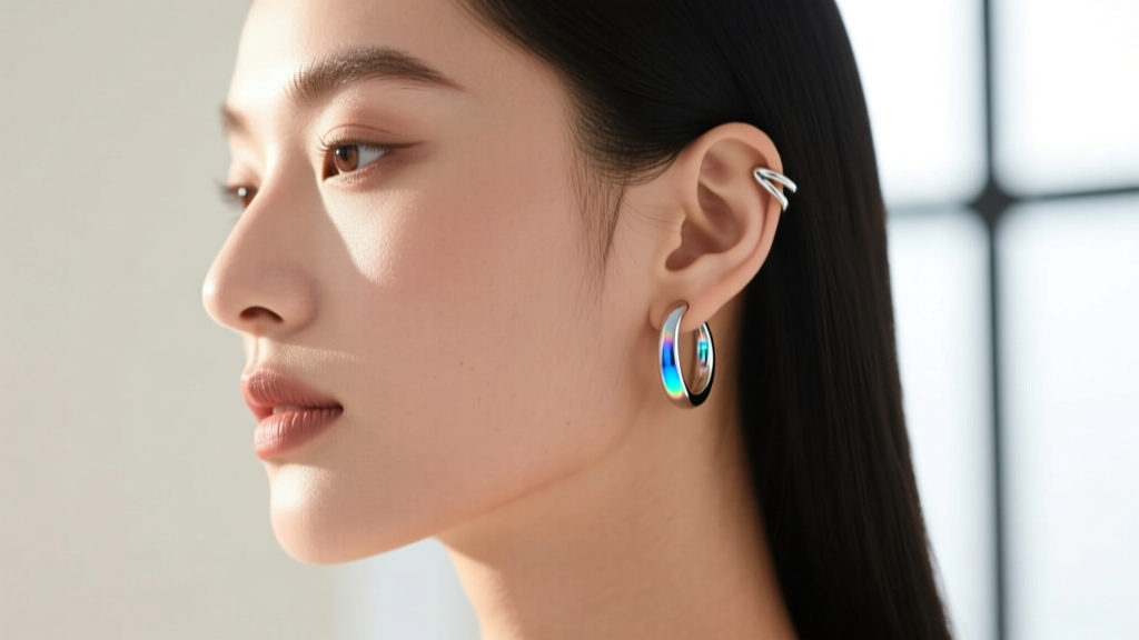 Elegant profile shot of a model wearing lightweight 18g niobium huggie hoops and seamless ear cuffs on the upper cartilage and lobe