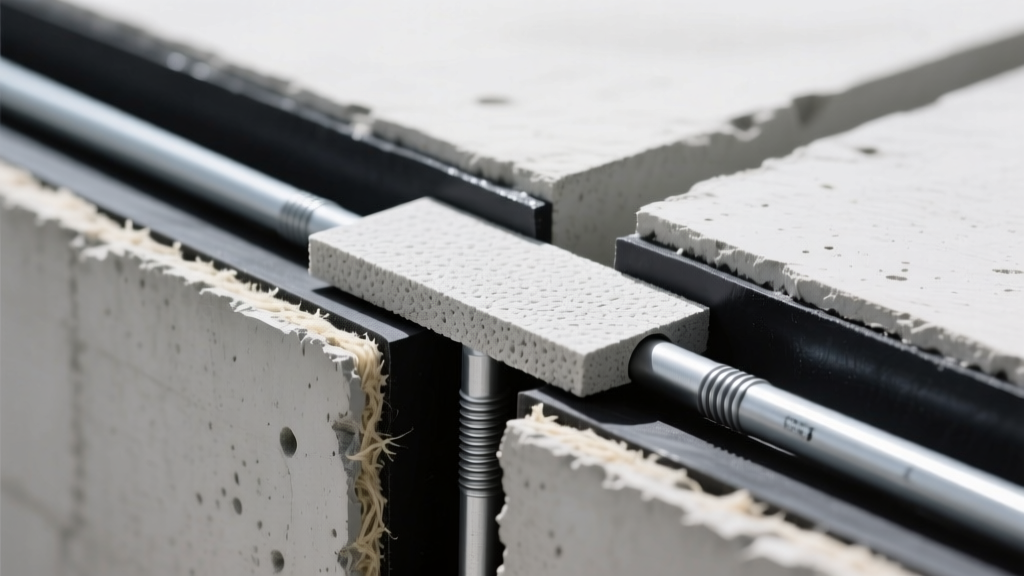Cross-section of concrete slab expansion joint showing compressible filler board, dark neoprene sealant, and steel dowel bars