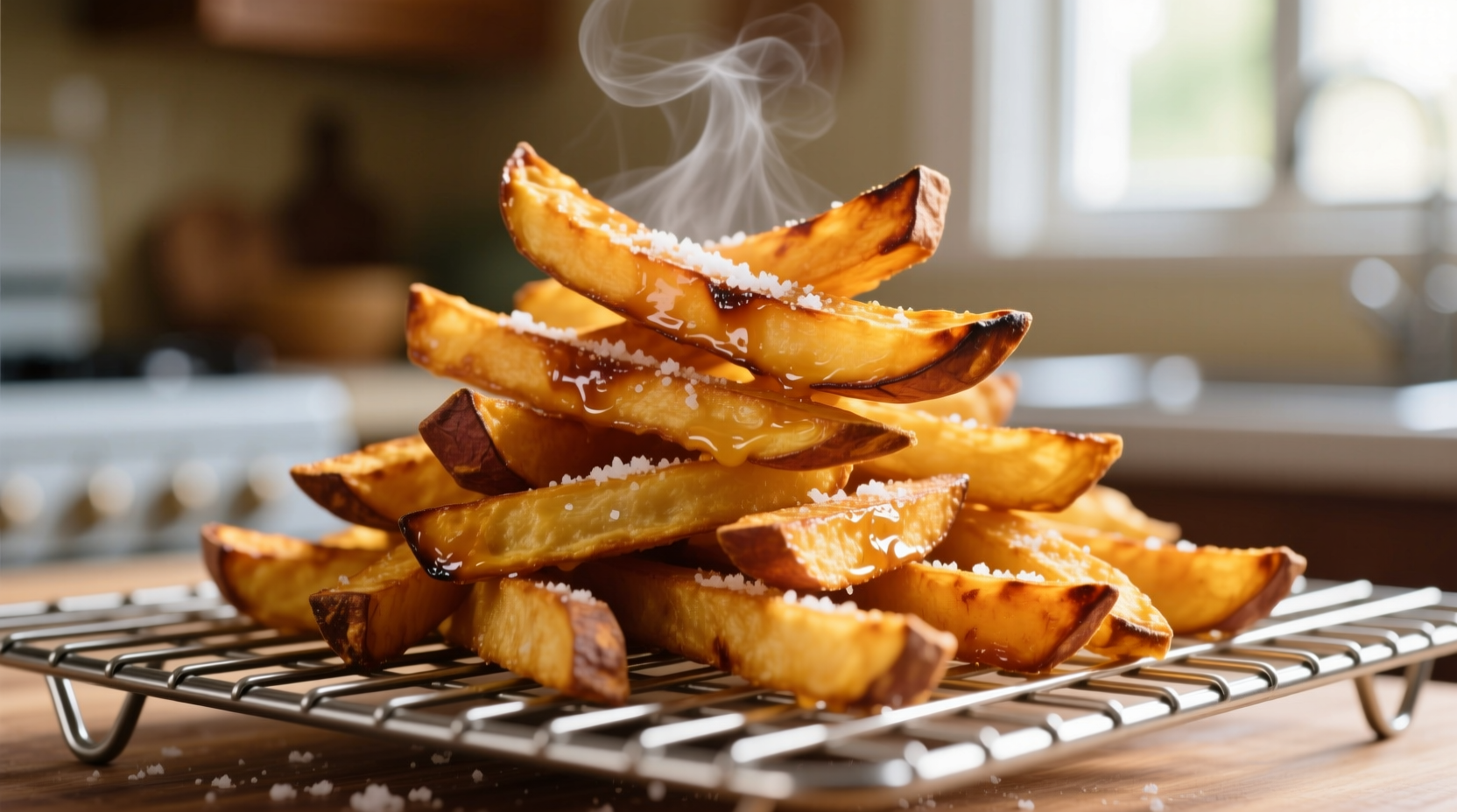 Golden crispy sweet potato fries on wire rack