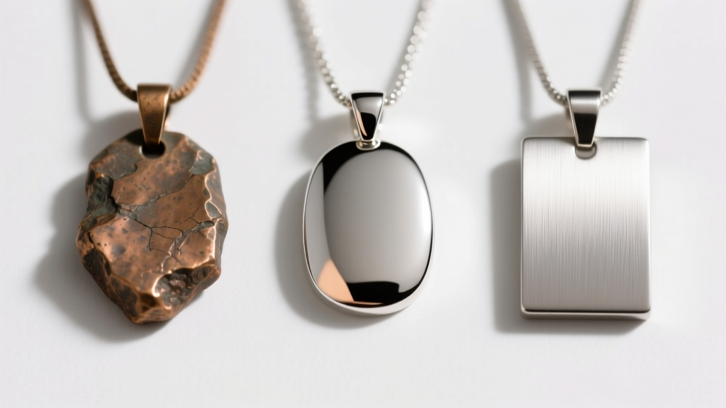 Side-by-side macro comparison of raw cast bronze, polished 925 sterling silver, and brushed 316L stainless steel amulet pendants.