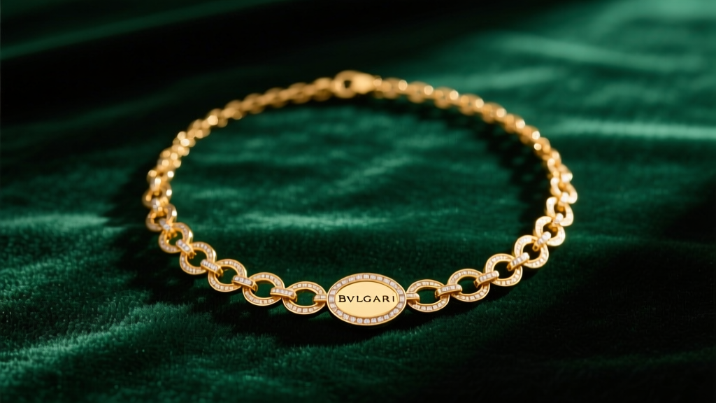 Elegant flat lay of an 18k yellow gold Bvlgari necklace resting on dark emerald velvet under soft, warm studio lighting