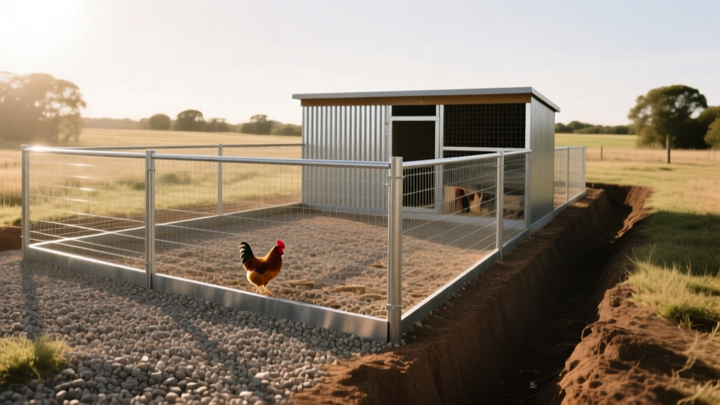 Chicken run with crushed gravel floor and galvanized hardware cloth buried in a perimeter trench to prevent predator digging