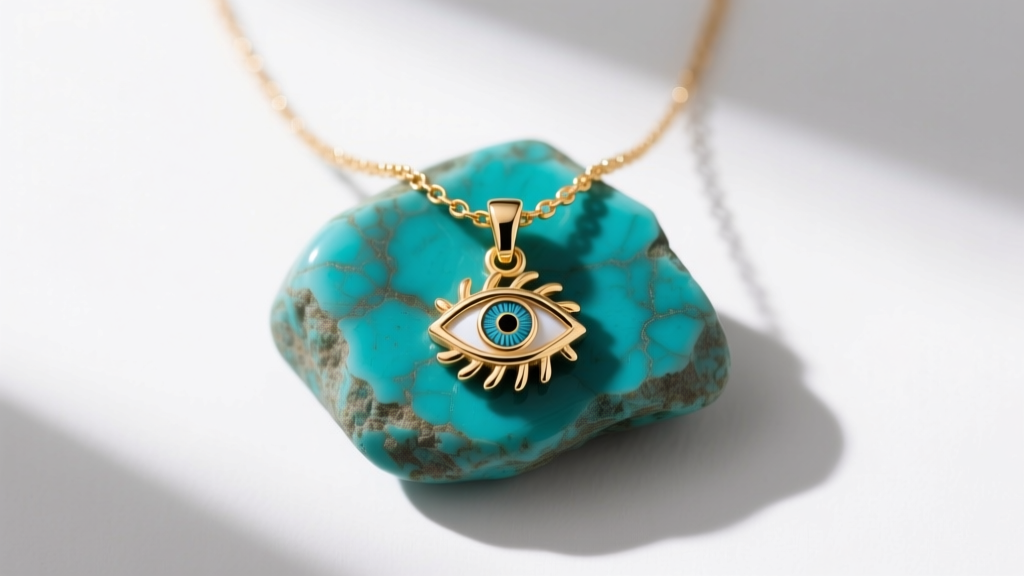 Alex and Ani evil eye necklace in matte Rafaelian gold on raw turquoise stone, top-down view with soft natural window lighting