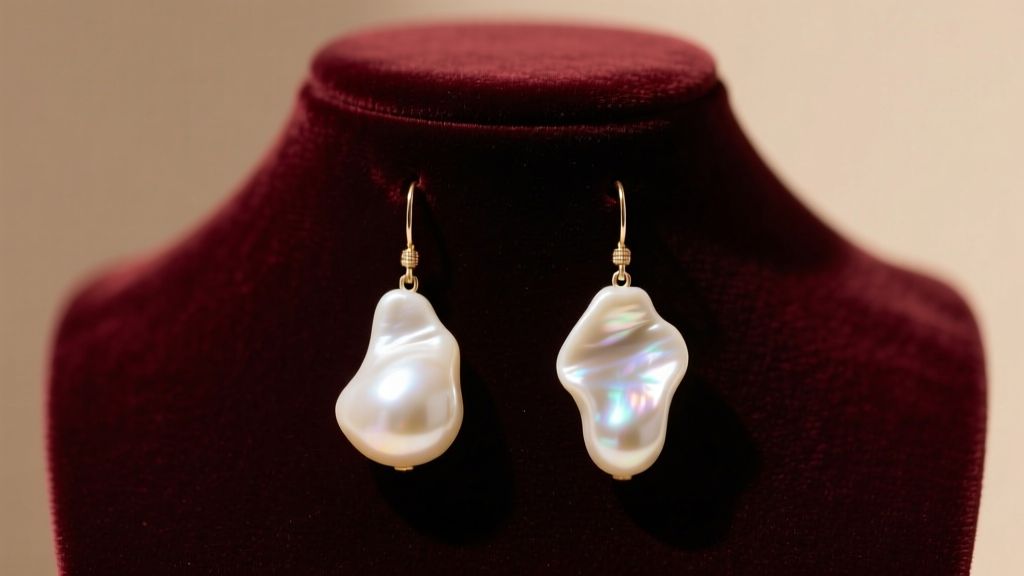 Irregular white freshwater baroque pearl drop earrings on a dark velvet display bust under warm, directional boutique lighting.