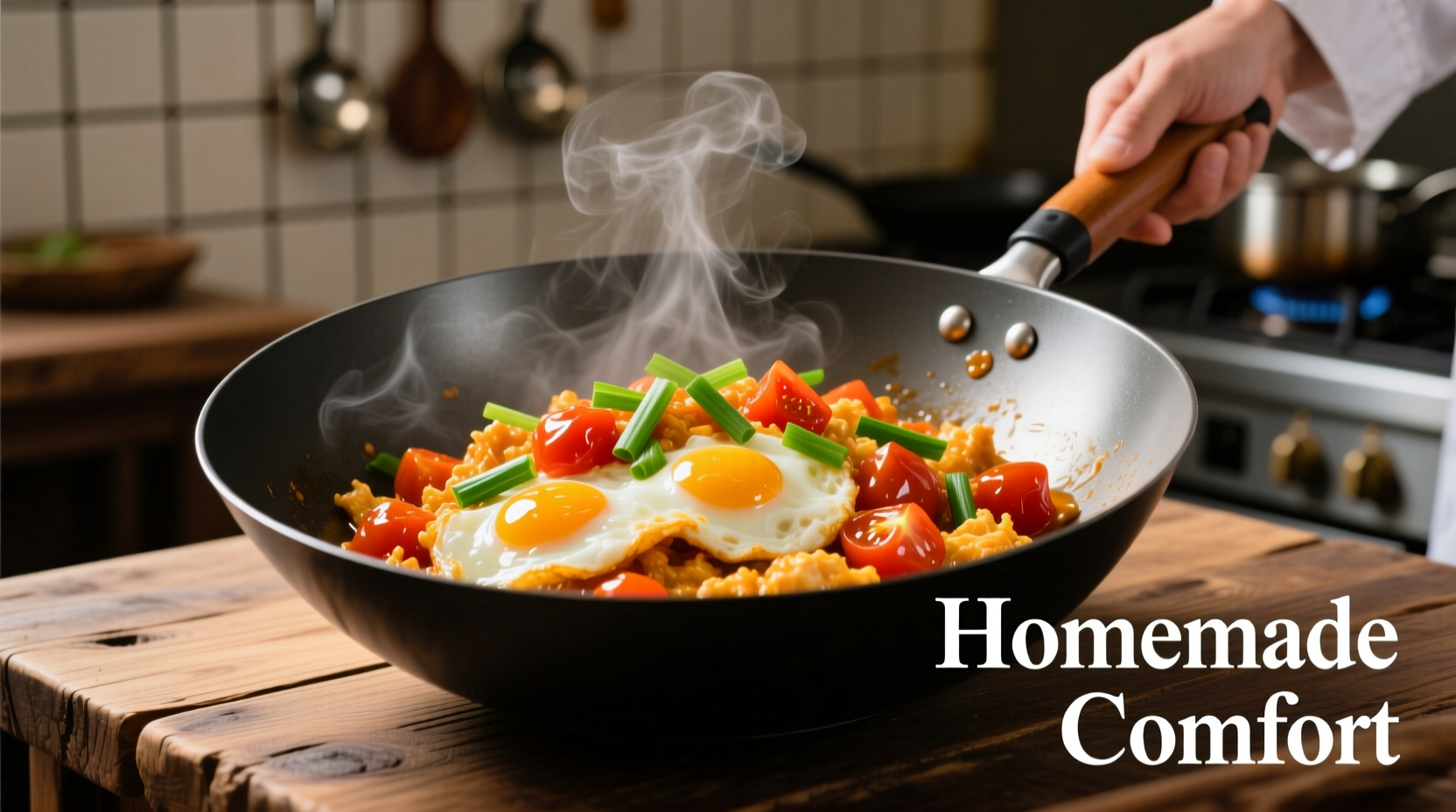 Perfectly cooked stir fried tomato and scrambled eggs in wok