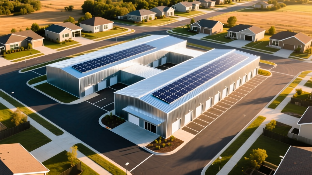Aerial view of a newly constructed climate-controlled self-storage complex with metal roofing, solar panels, and paved access roads surrounded by suburban development