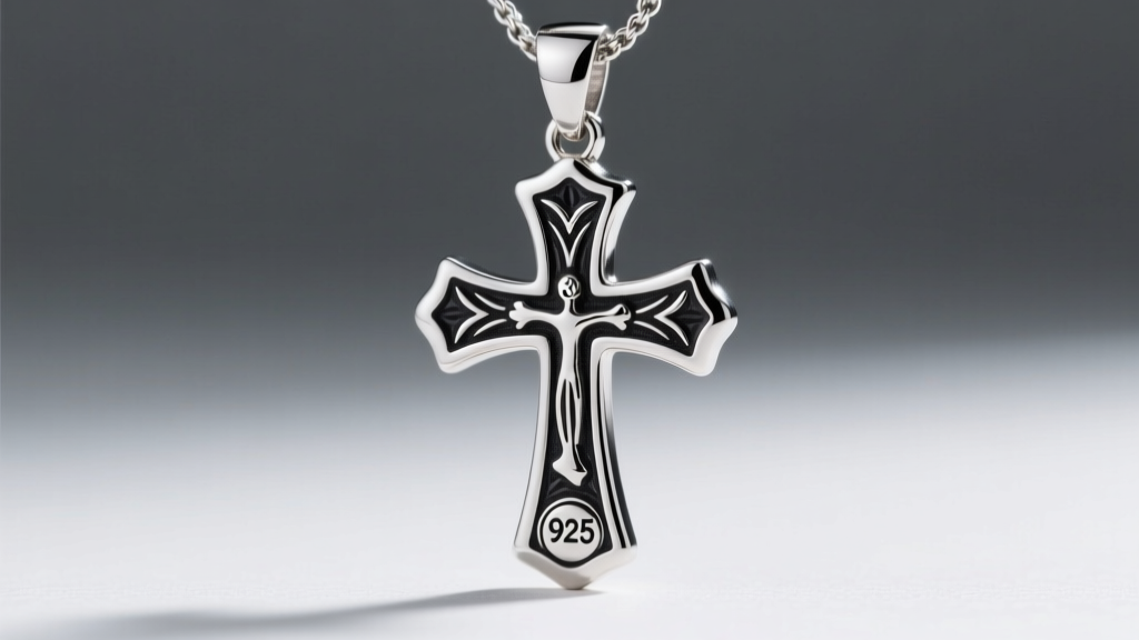 Close-up macro shot of a thick sterling silver cross pendant with deep oxidized engraving, highlighting the 925 hallmark stamp.