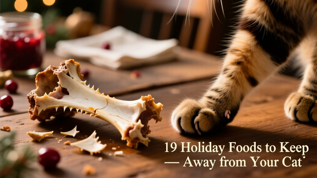 Close-up of a cooked turkey bone next to a curious cat’s paw, illustrating the danger of splintering
