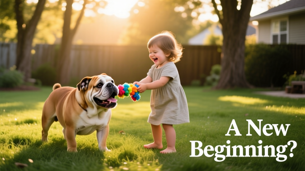 An English Bulldog happily playing with a child in a sunlit backyard, symbolizing a joyful new beginning