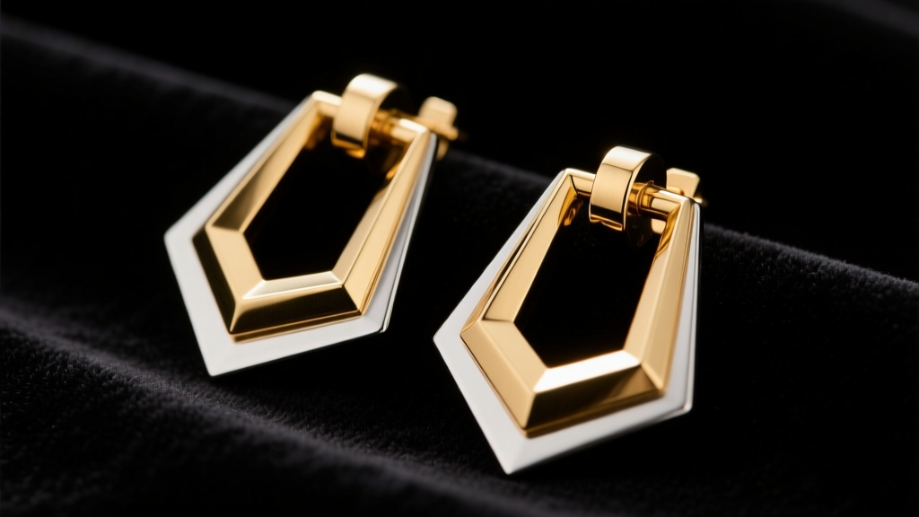 Close-up of heavy brass geometric doorknocker earrings resting on dark velvet, illuminated by soft directional studio lighting.