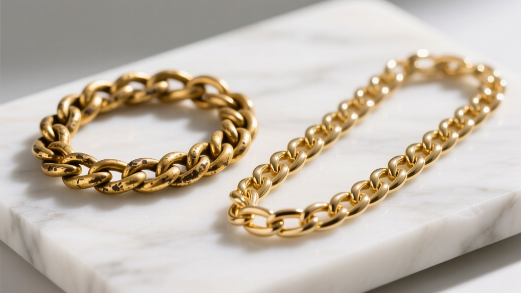 Comparison of a vintage 18k gold herringbone chain with visible kinks and a pristine 14k gold curb chain resting on white marble.