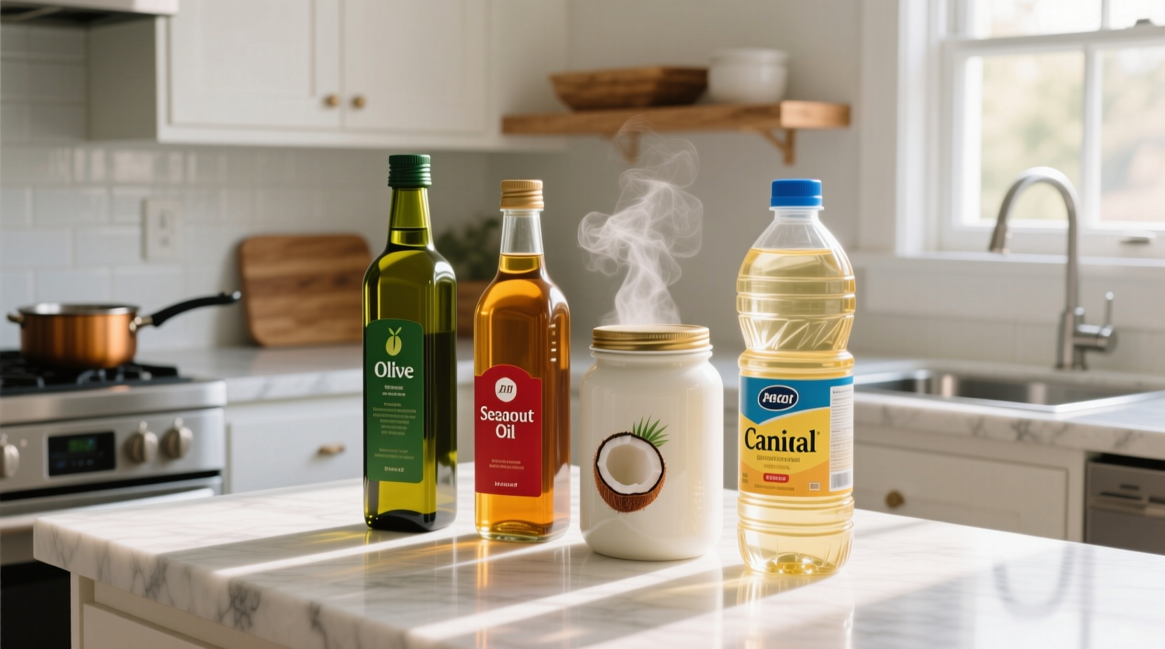 Various cooking oil bottles on kitchen counter