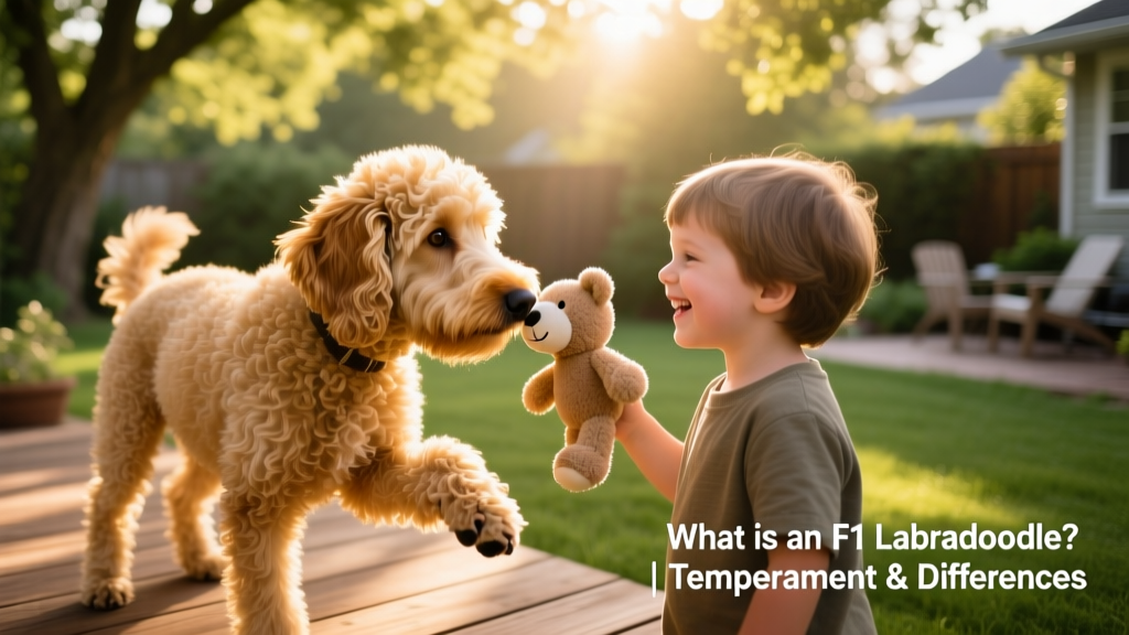 An F1 Labradoodle playing gently with a child in a sunlit backyard, highlighting its friendly expression and soft coat