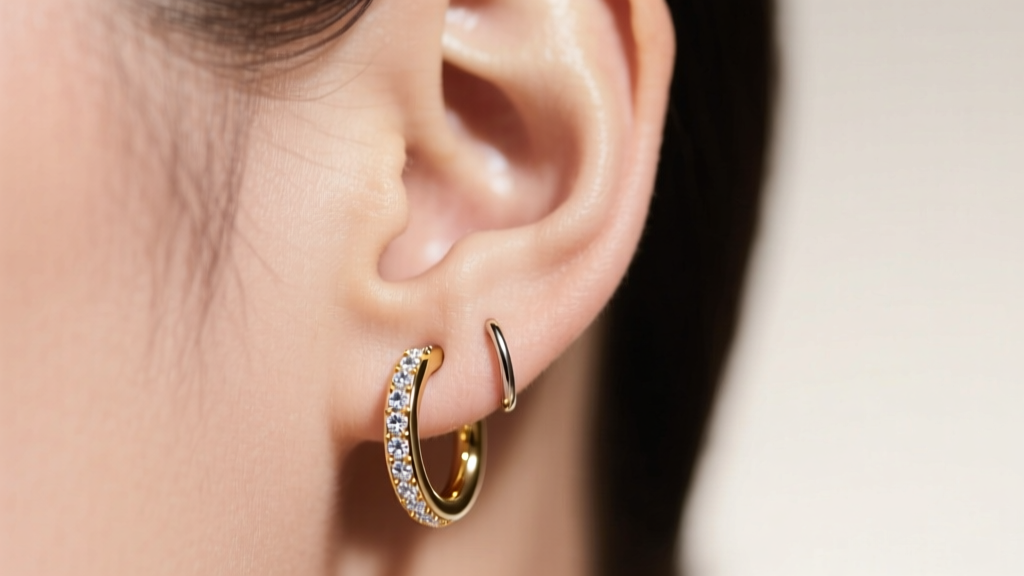 Earlobe wearing an 18-gauge 14k white gold post hoop earring with a pavé diamond huggie attachment, shown in soft lighting