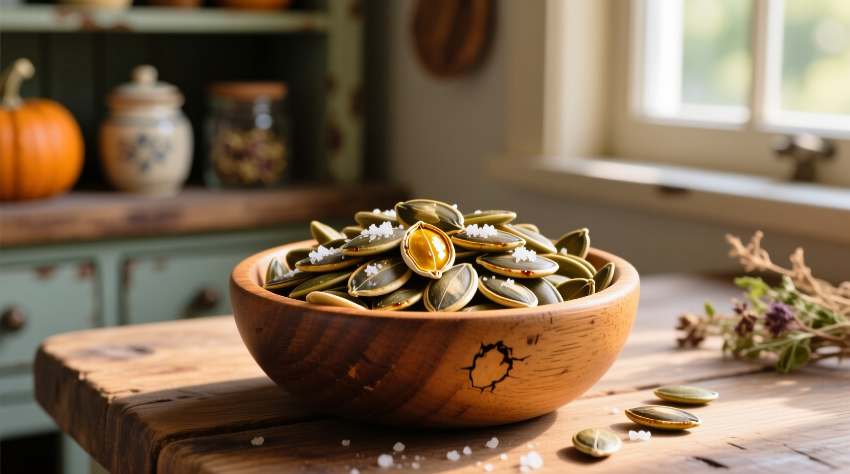 Freshly roasted pumpkin seeds in a wooden bowl