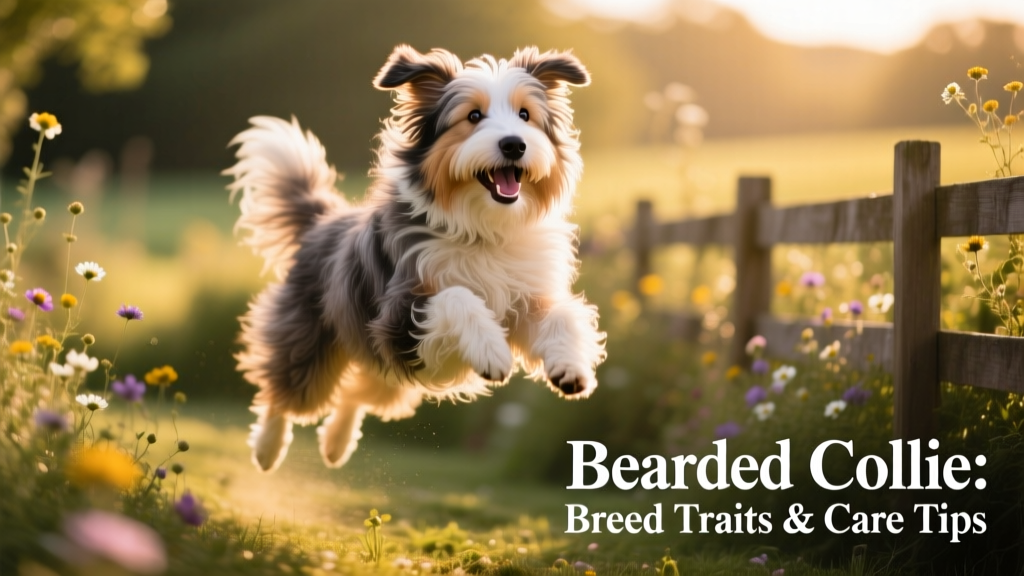 A cheerful Bearded Collie mid-bounce, showing its expressive face and full shaggy coat