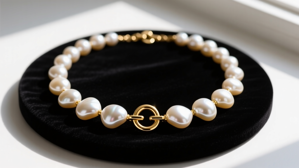 Elegant flat lay of a PATP baroque pearl necklace on dark velvet, highlighting irregular shapes and a 14k gold toggle clasp.