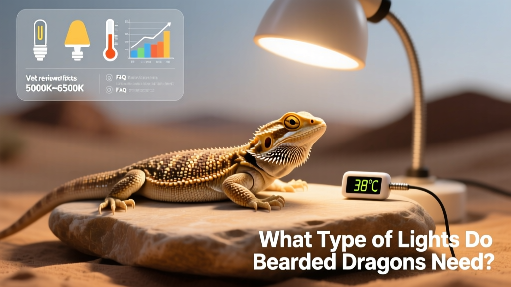 Bearded dragon resting on a flat stone under a focused basking lamp, with temperature probe visible on the rock