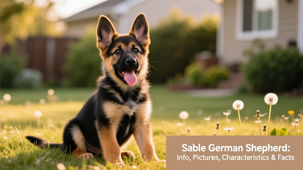 A playful Sable German Shepherd puppy sitting on grass, ears perked and tongue out, showing curiosity and energy