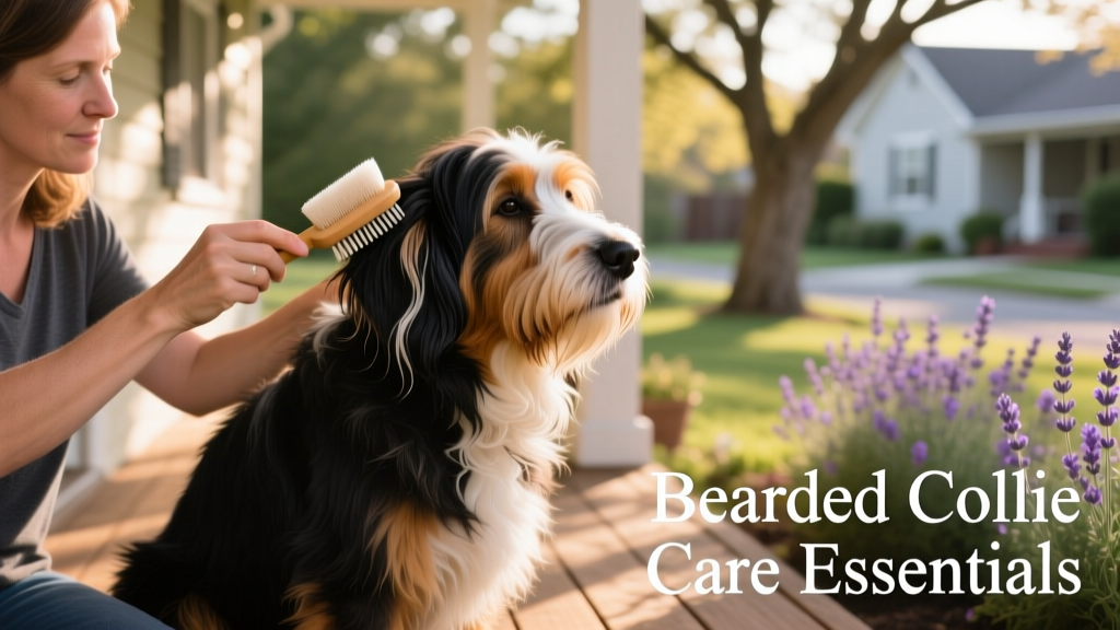 A Bearded Collie calmly sitting beside its owner while receiving a gentle ear cleaning and brushing session