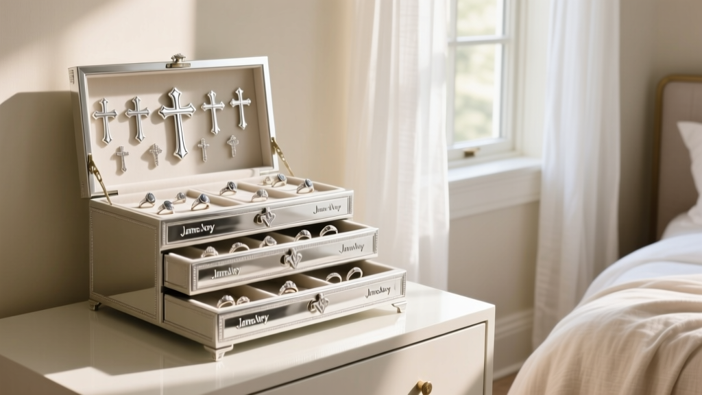 Multi-tiered James Avery jewelry chest filled with organized silver crosses and rings, resting on a bright, sunlit bedroom vanity.