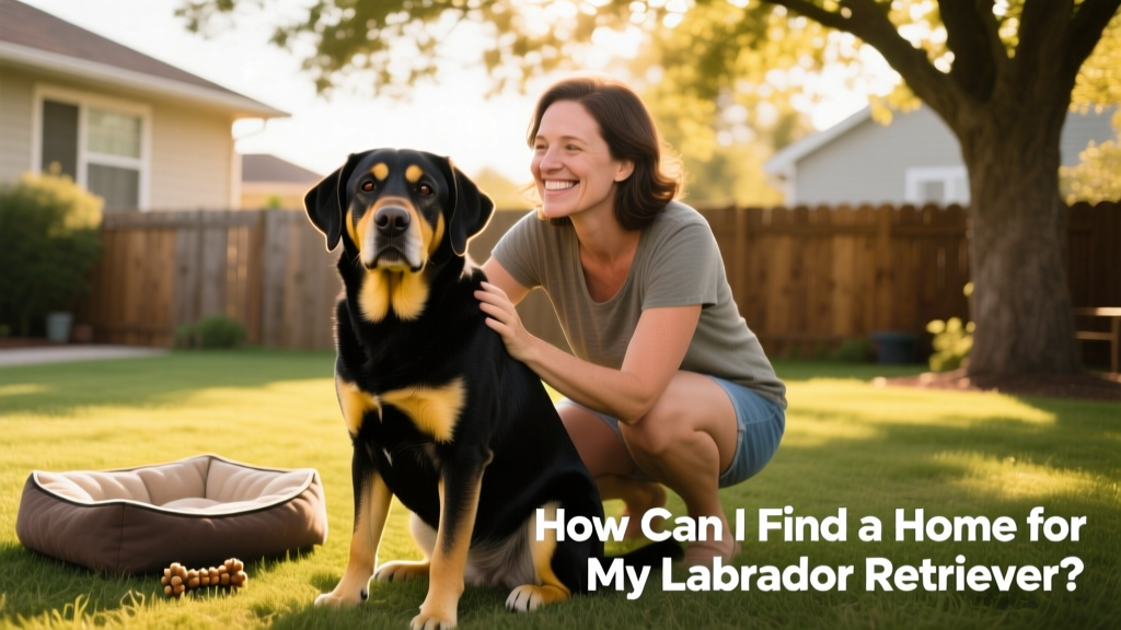 A friendly, well-groomed Labrador Retriever sitting calmly beside a smiling adult