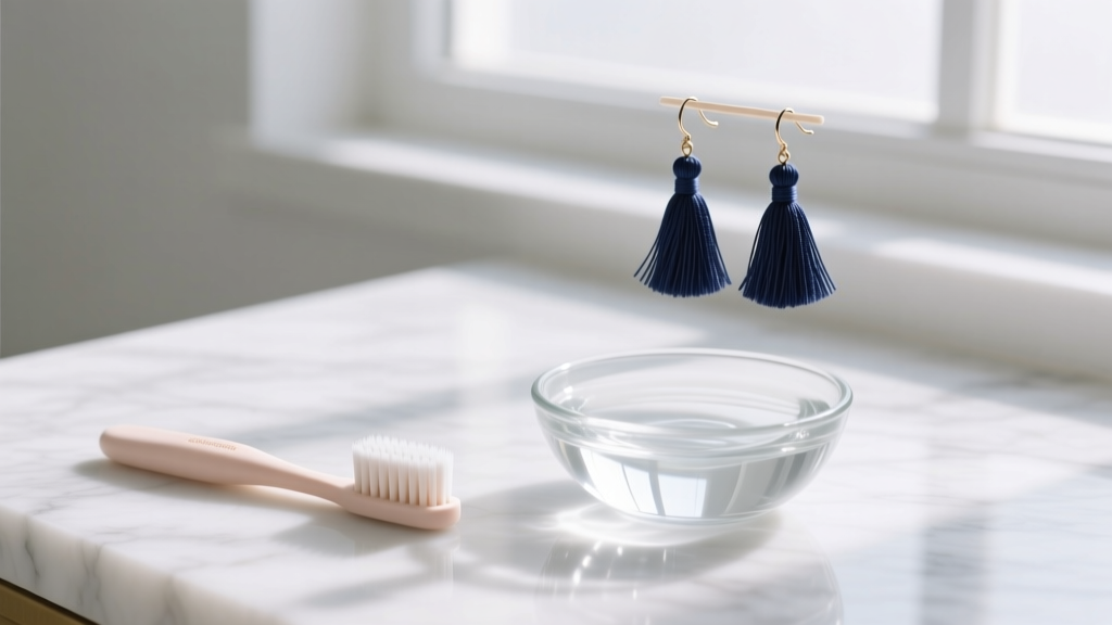 Flat lay of a soft baby toothbrush, bowl of distilled water, and delicate navy thread tassel earrings on a white marble surface