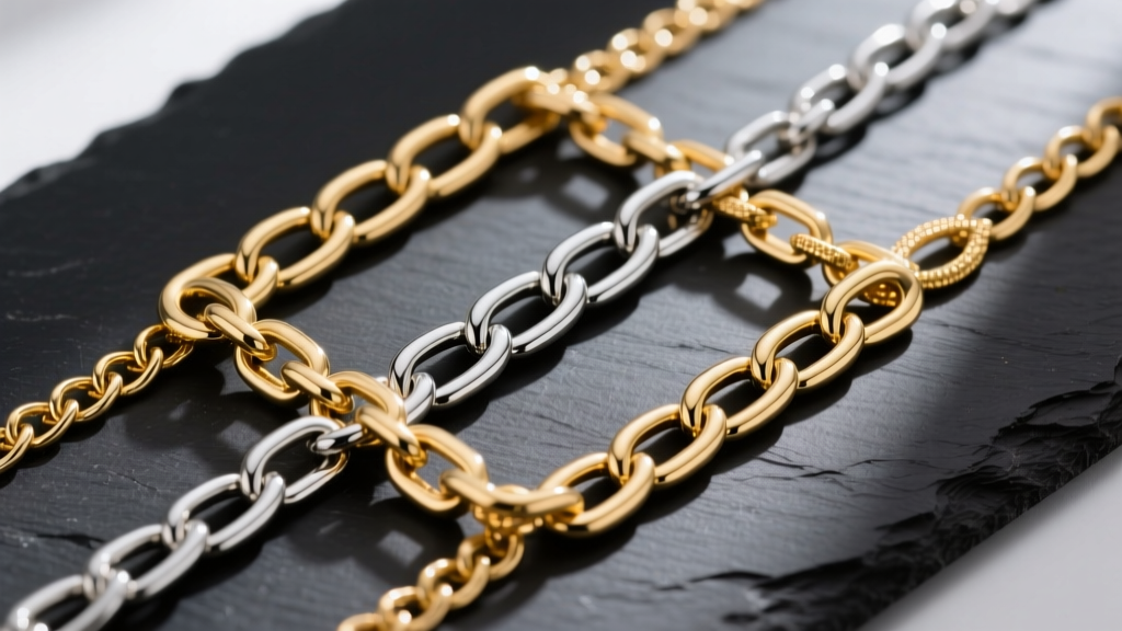 Flat lay of brass, surgical steel, and 18k gold chain links on dark slate showing material color and texture differences clearly.