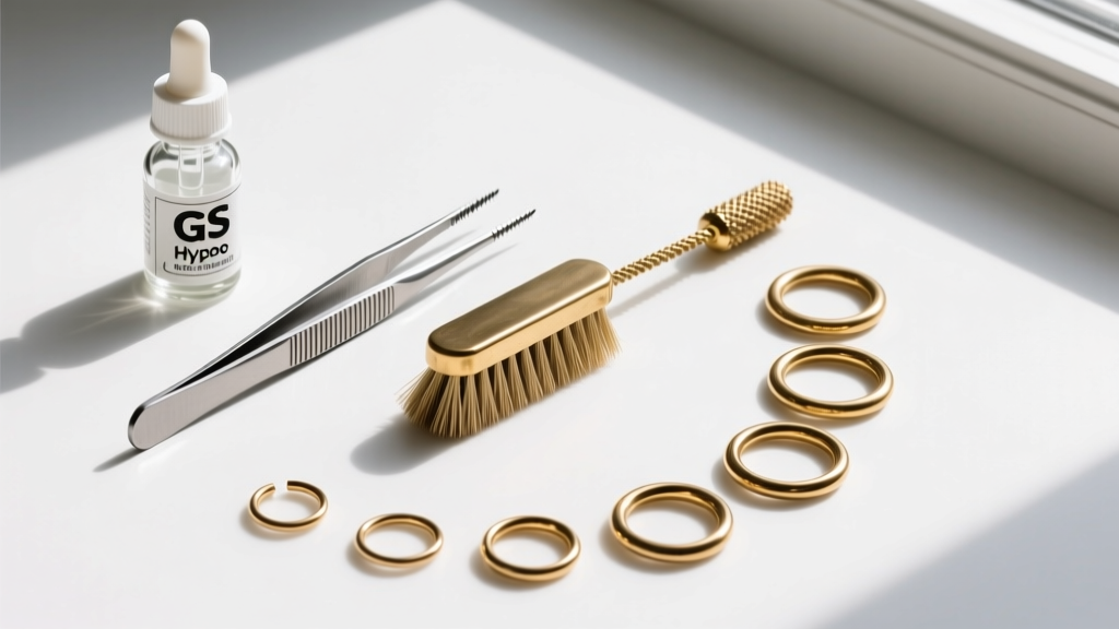 Overhead flat lay of jewelry repair tools including GS Hypo cement, precision tweezers, a brass wire brush, and brass jump rings.