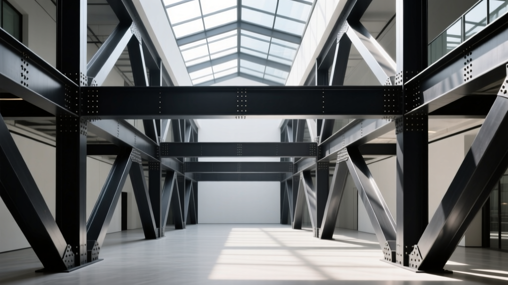 Interior atrium featuring architecturally exposed structural steel framing with smooth ground welds and matte black intumescent fireproofing