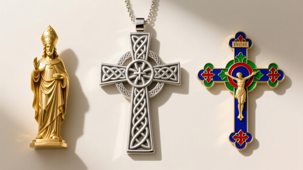 Flat lay of three episcopal crosses: a Celtic silver cross, a gold Christus Rex figure, and a vibrant enameled Gothic cross.