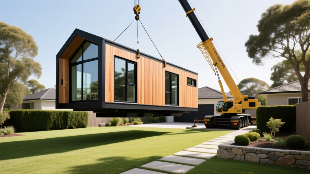 Modern prefabricated modular granny flat with cedar siding and large black-framed windows being craned into a spacious suburban backyard.